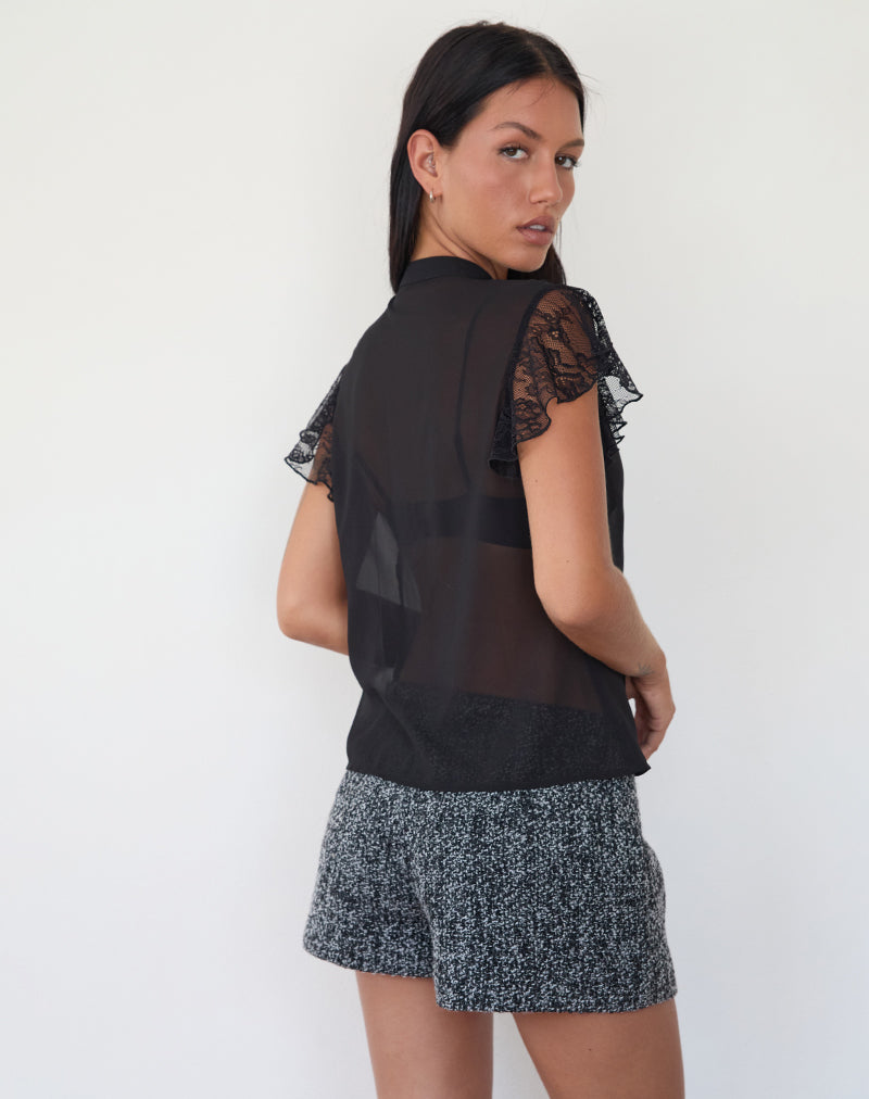 Image of Lada Blouse in Black Chiffon with Lace Trim