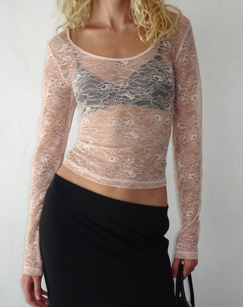 Round Neck Eyelash Lace Long Sleeve Crop Top - ShopperBoard