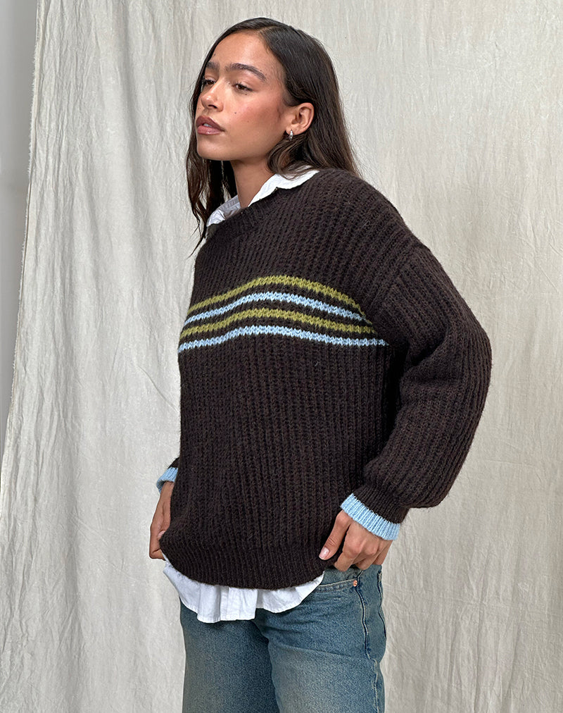 Image of Lamees Jumper in Brown Knit with Stripe