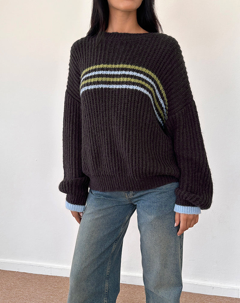 Image of Lamees Jumper in Brown Knit with Stripe