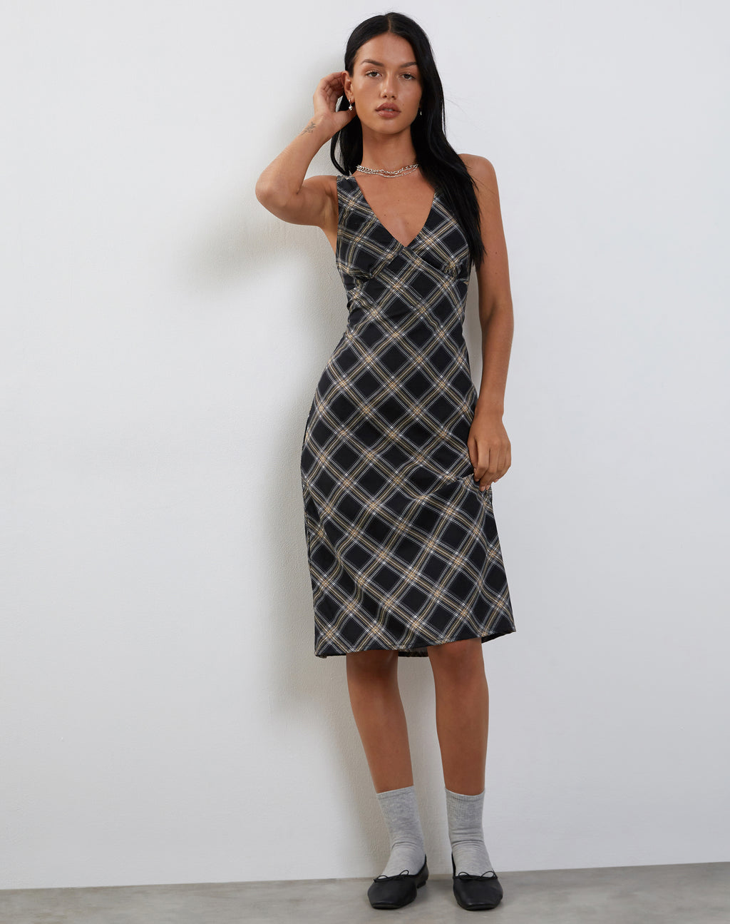 Lieva Midi Dress in Black and Grey Check