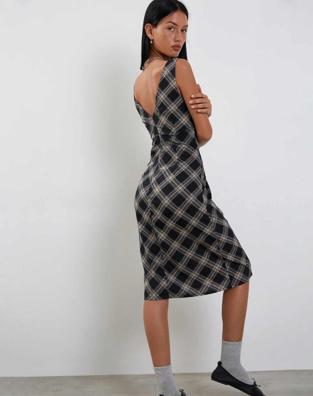 Lieva Midi Dress in Black and Grey Check