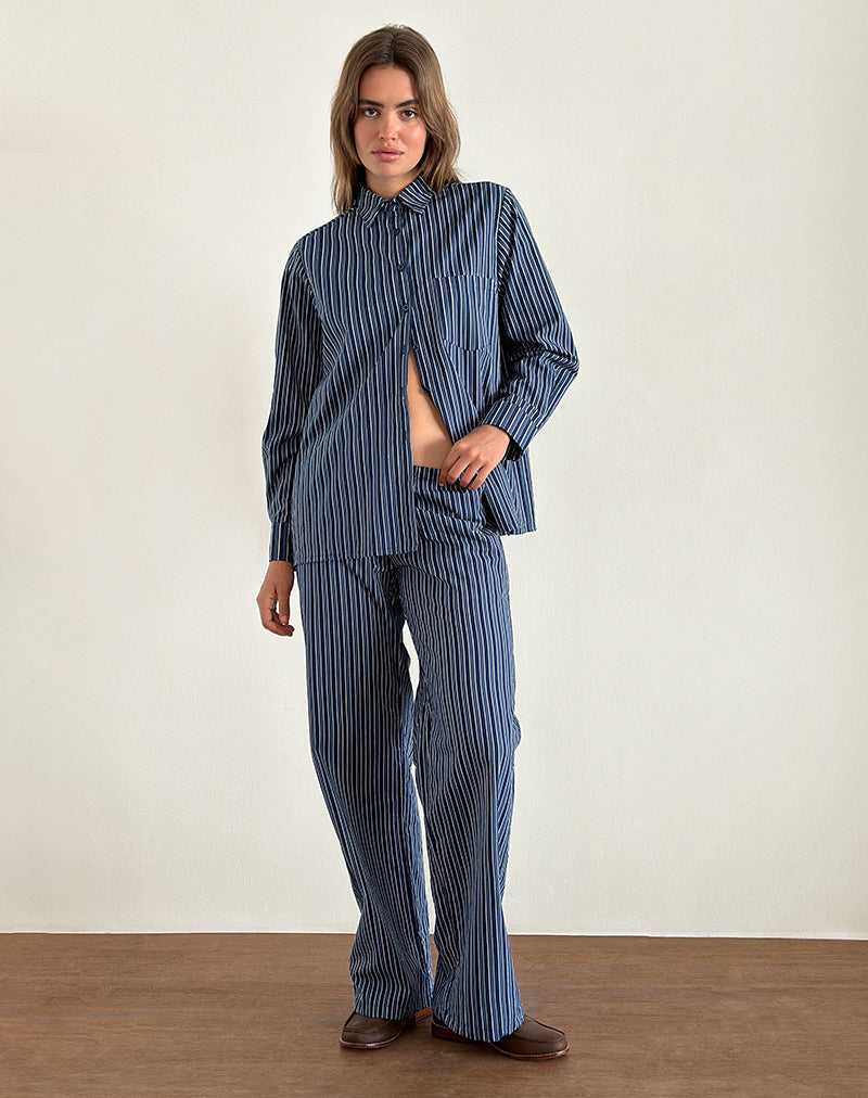 Lirura Wide Leg Trousers in Indigo Stripe Dark Blue