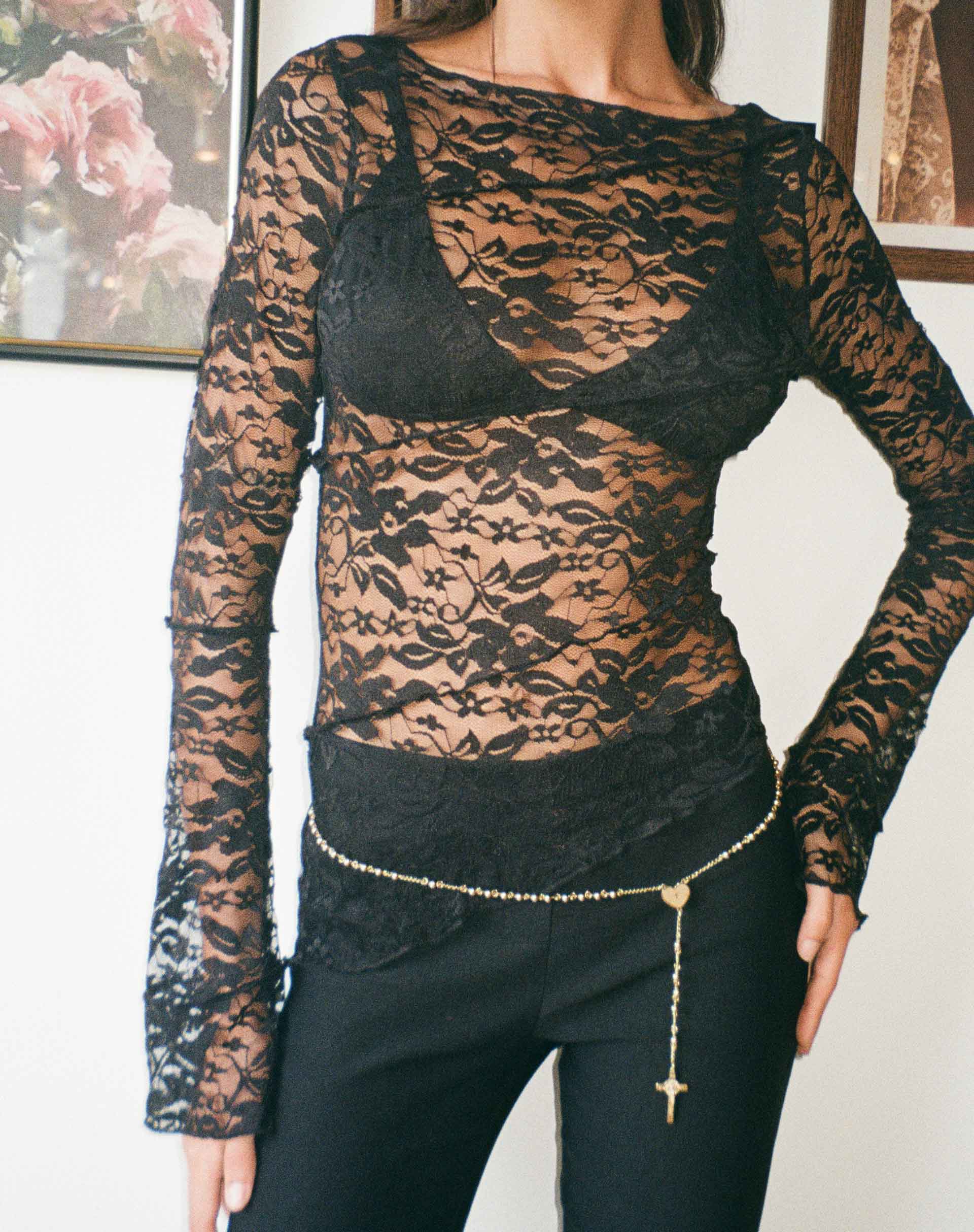 Black sheer lace shop long sleeve top