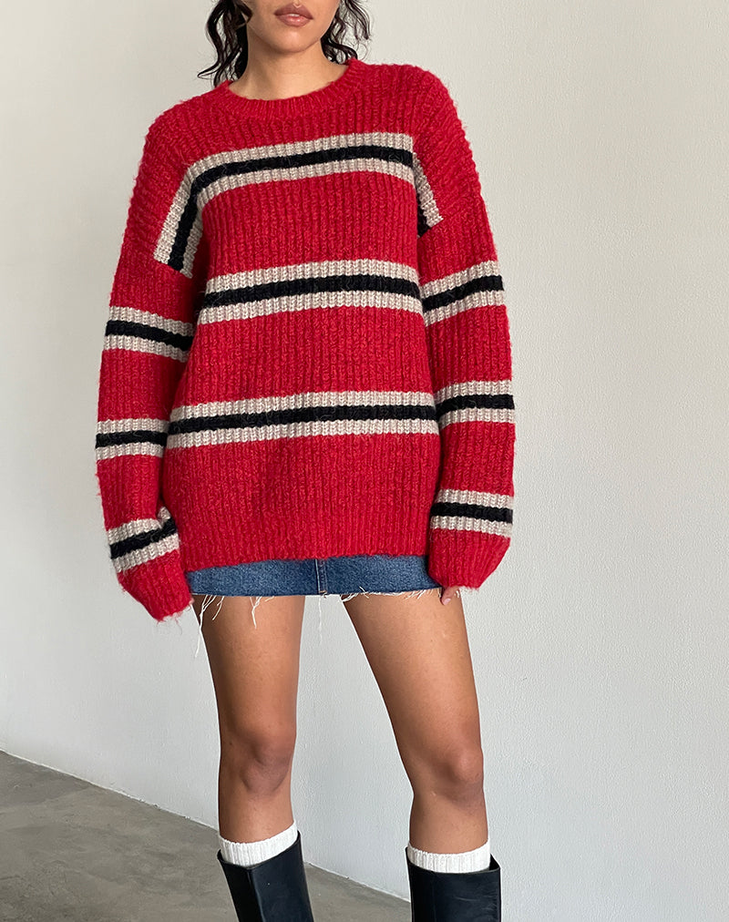 Lunet Knitted Jumper in Red and Black Stripe