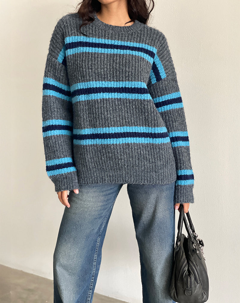 Image of Lunet Knitted Jumper in Stripe Grey and Blue