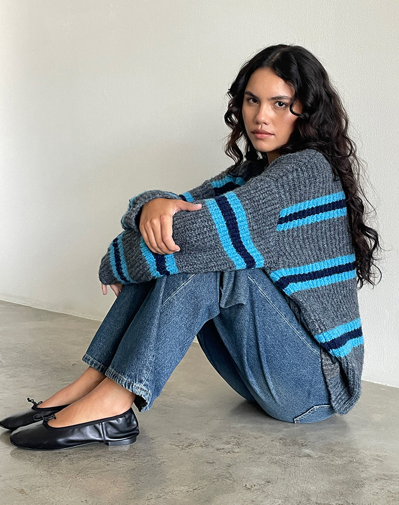 Image of Lunet Knitted Jumper in Stripe Grey and Blue