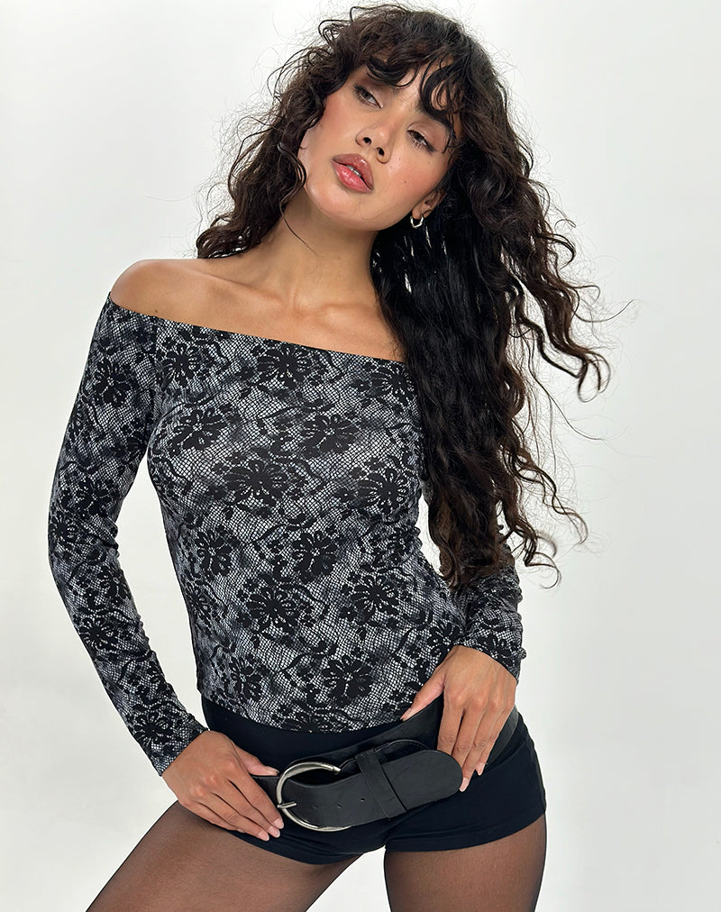 Lutana Bardot Long Sleeve Top in Midnight Floral Grey