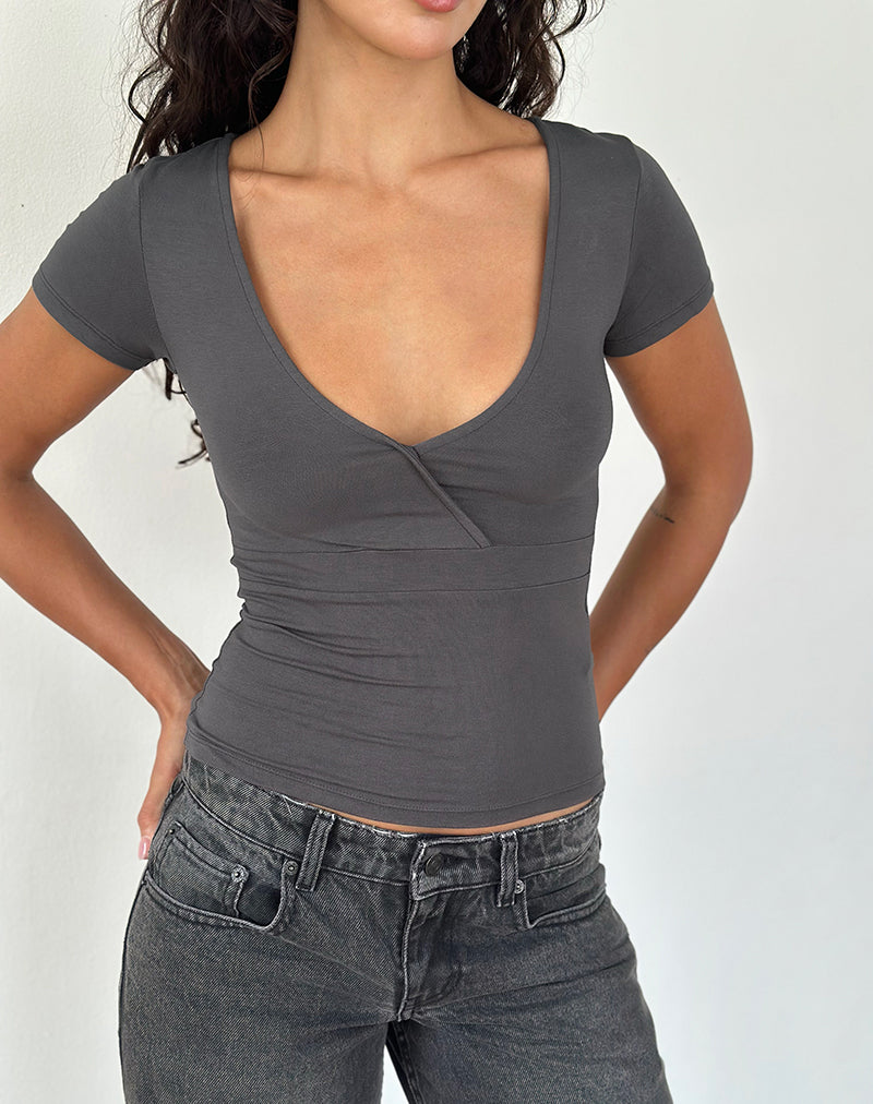 Image of Machiko Plunge Wrap Top in Charcoal Grey