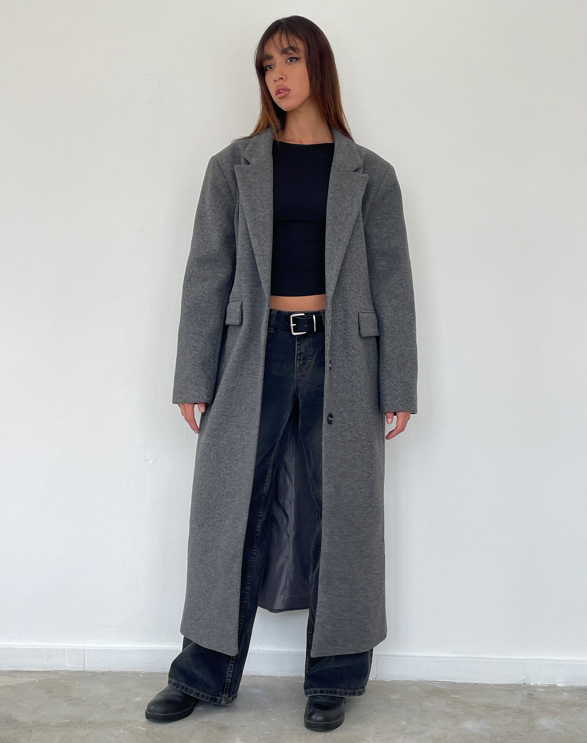 Malati Longline Wool Coat in Charcoal