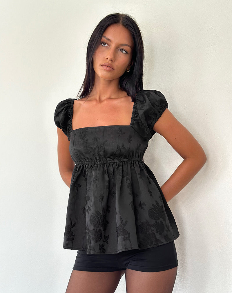 Malea Peplum Top in Black Satin Jacquard