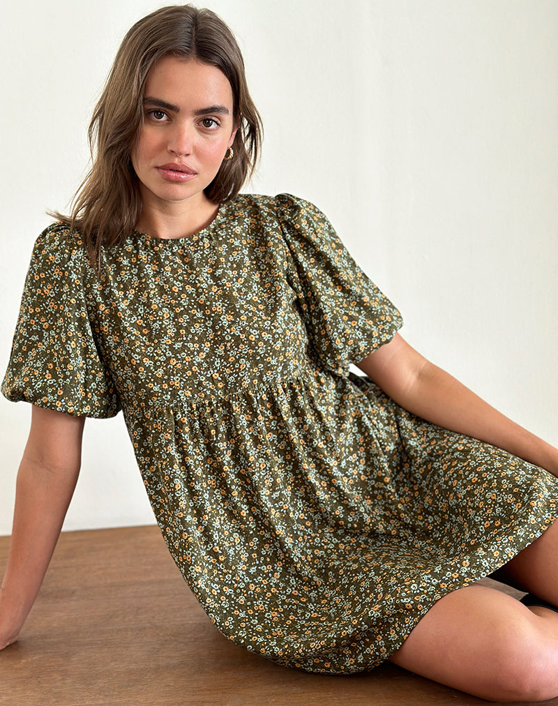 Image of Marate Puff Sleeve Mini Dress in Grunge Floral Khaki