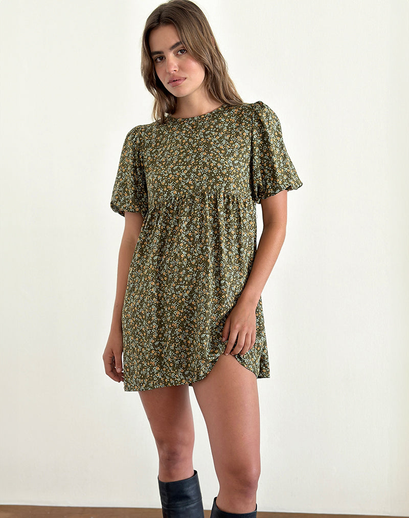 Image of Marate Puff Sleeve Mini Dress in Grunge Floral Khaki