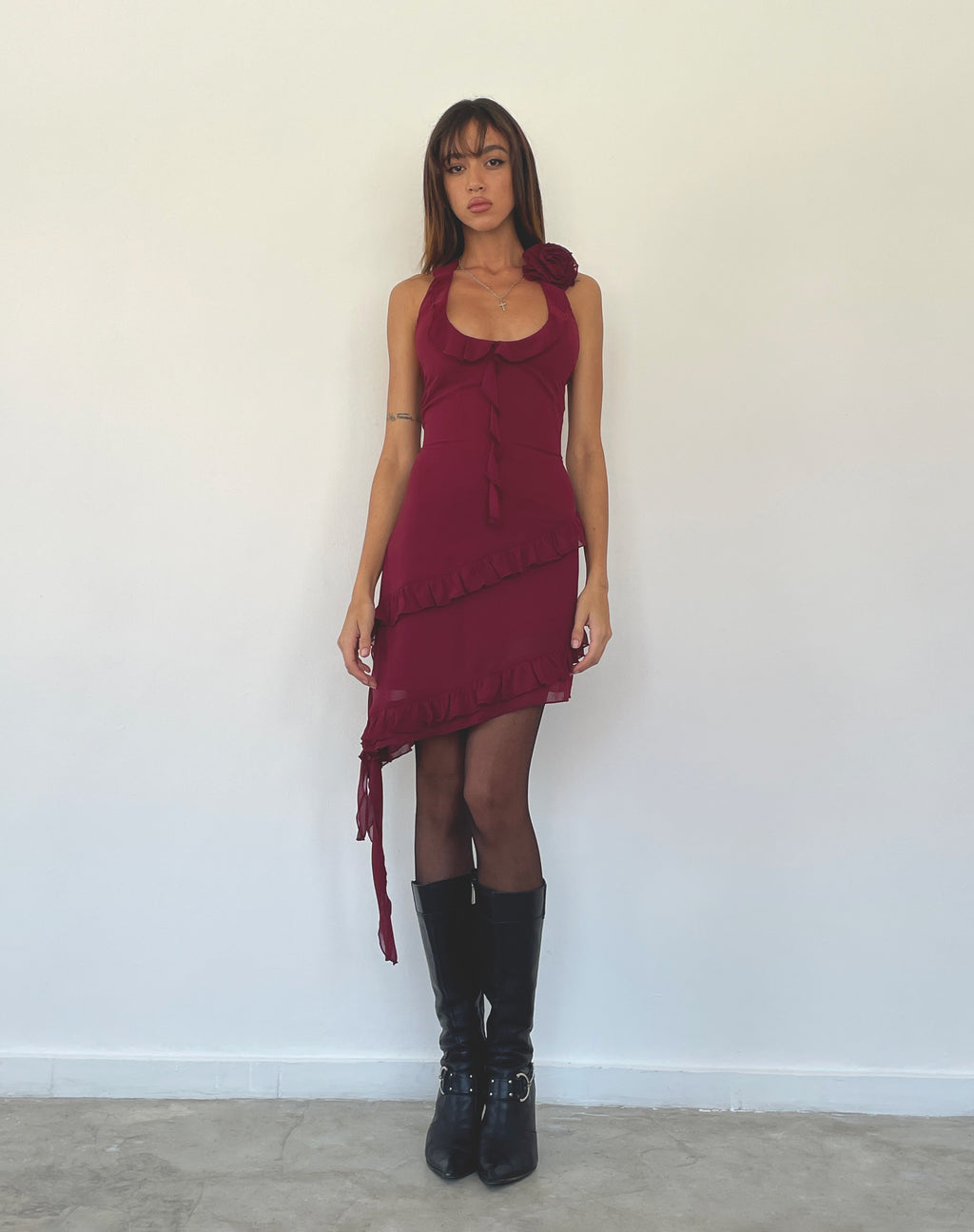 Margaret Ruffle Mini Dress in Plum Chiffon with Rosette