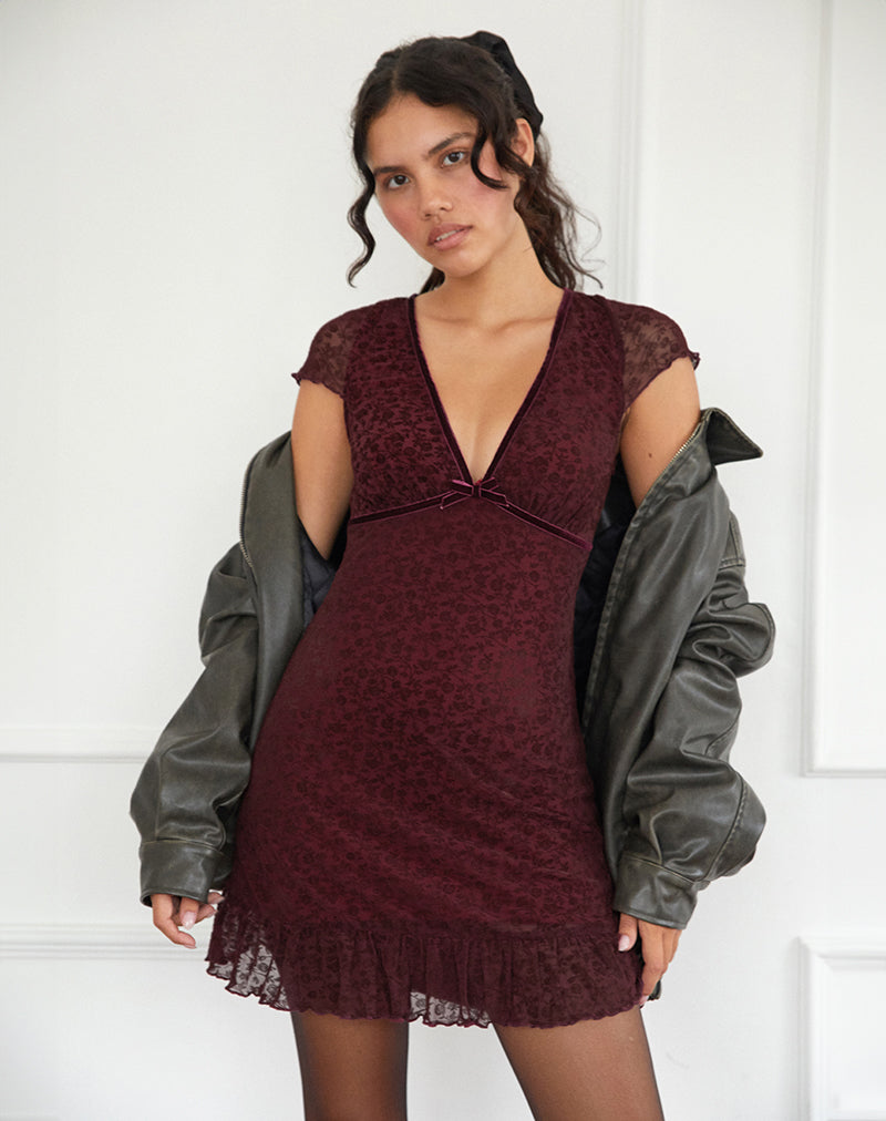 Image of Melva Mini Dress in Ditsy Flock Burnt Maroon