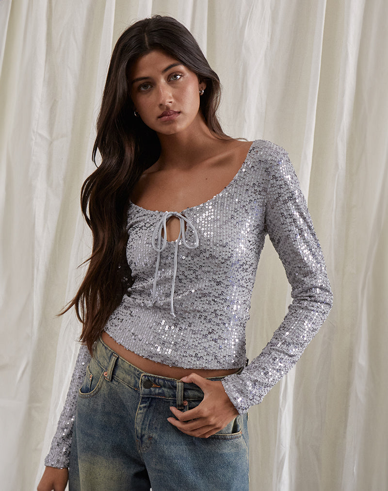 Meraga Tie Front Top in Silver Sequin