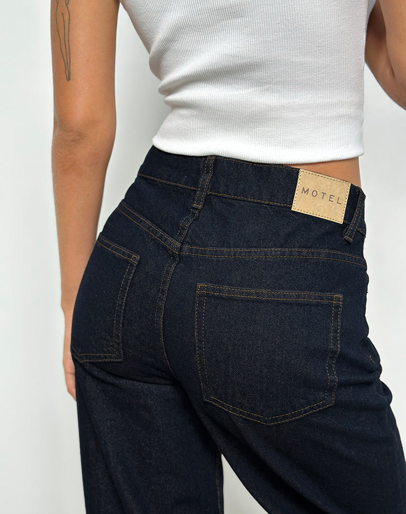 Image of Mid Rise Turn Up Straight Jeans in Indigo