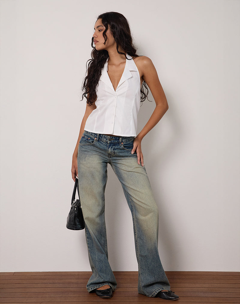 Image of Mikanu Halterneck Button Down Blouse in Poplin White