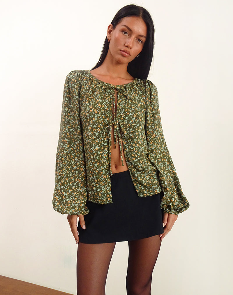 Image of Modeta Tie Top in Grunge Floral Khaki