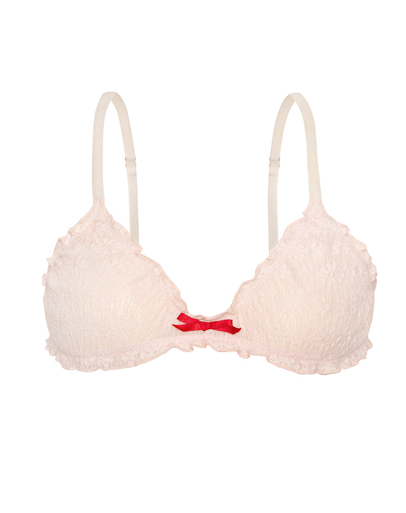 Image of Naila Bra in Baby Pink with Lace and Red Bow