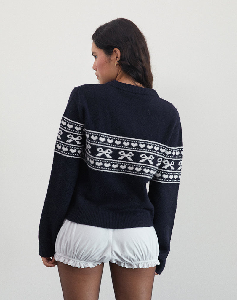 Image of Namirta Knitted Jumper in Peacoat with Fairisle Bow