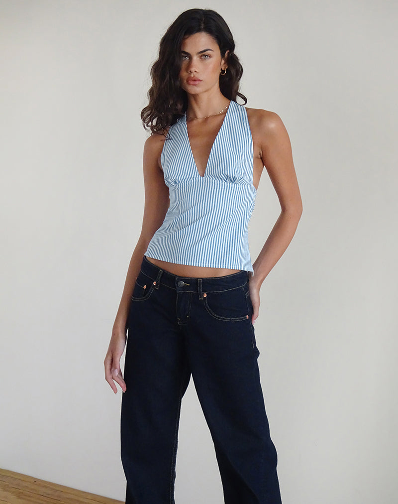 Image of Nandu Top in Poplin Blue Small Vertical Stripe