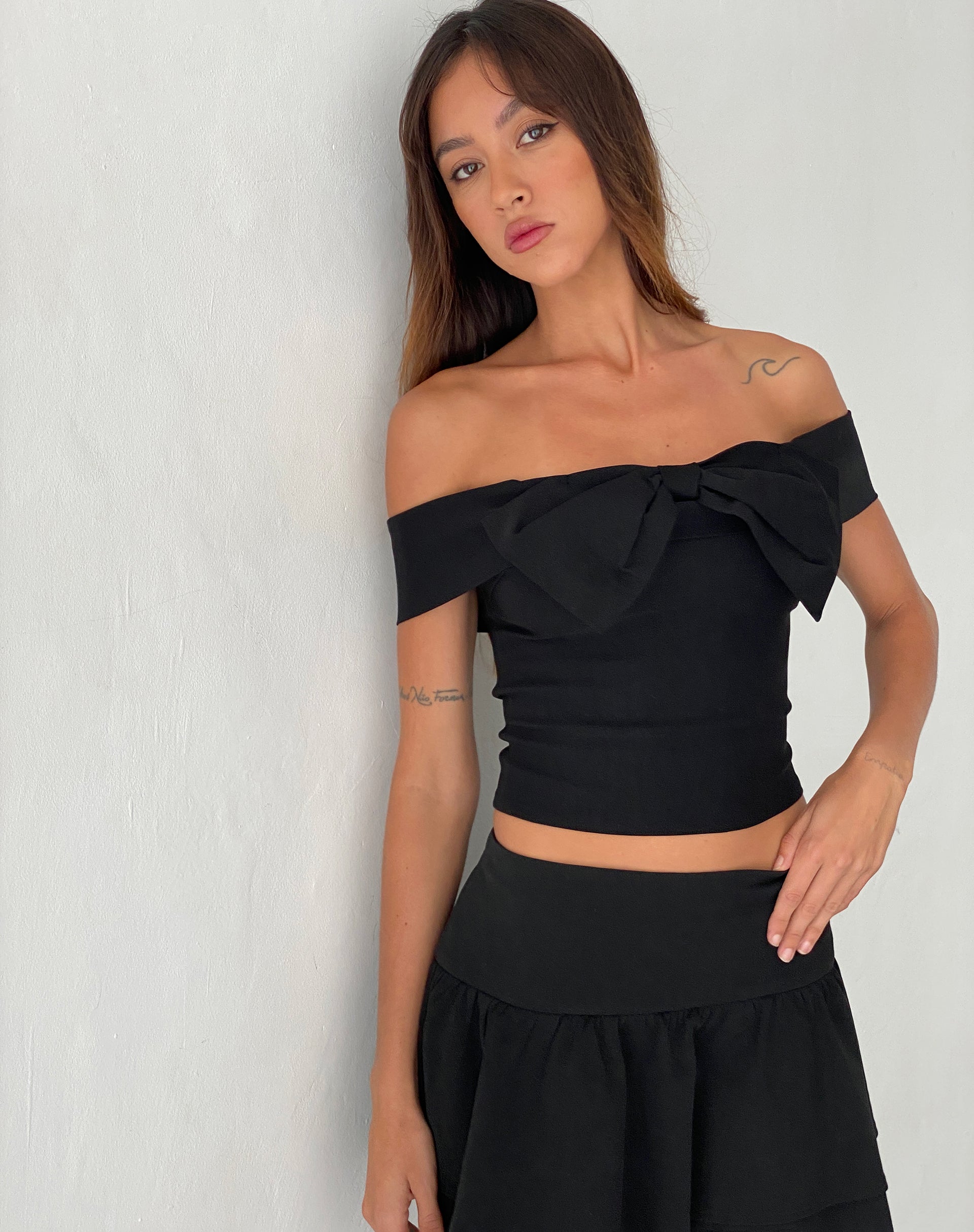 Image of Naras Bow Front Bardot Top in Black Tailoring