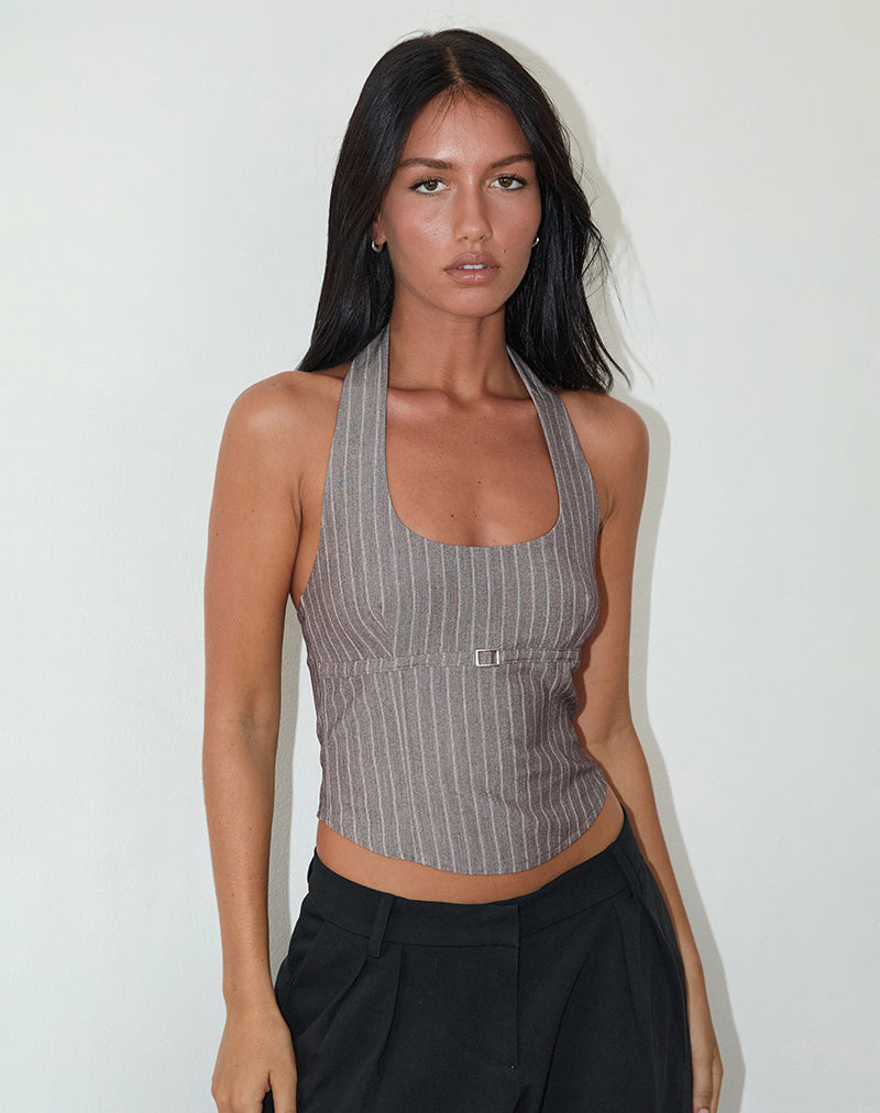 Image of Nasya Halterneck Top in Taupe Pinstripe Tailoring