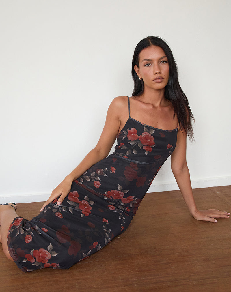 Nori Midi Dress in Watercolour Rose Black