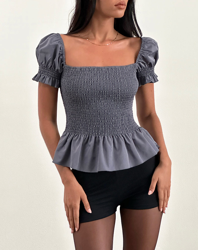 Image of Notina Puff Sleeve Top in Shirred Grey