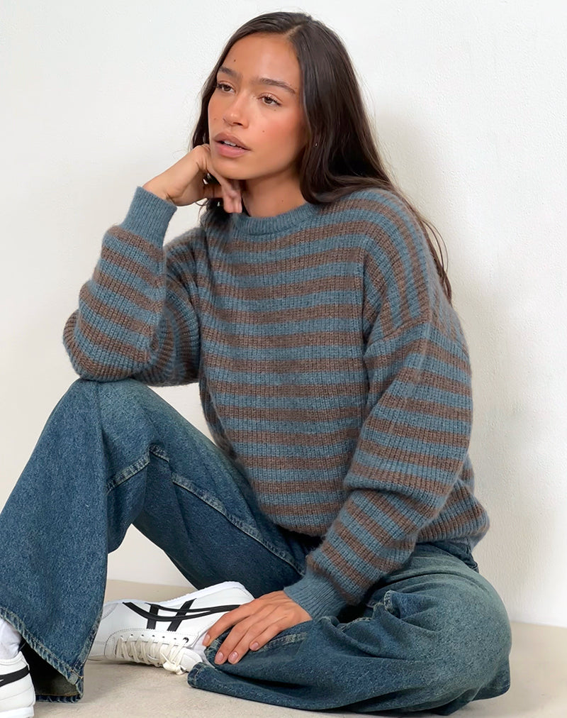 Image of Orvala Knit Jumper in Slate and Brown Stripe