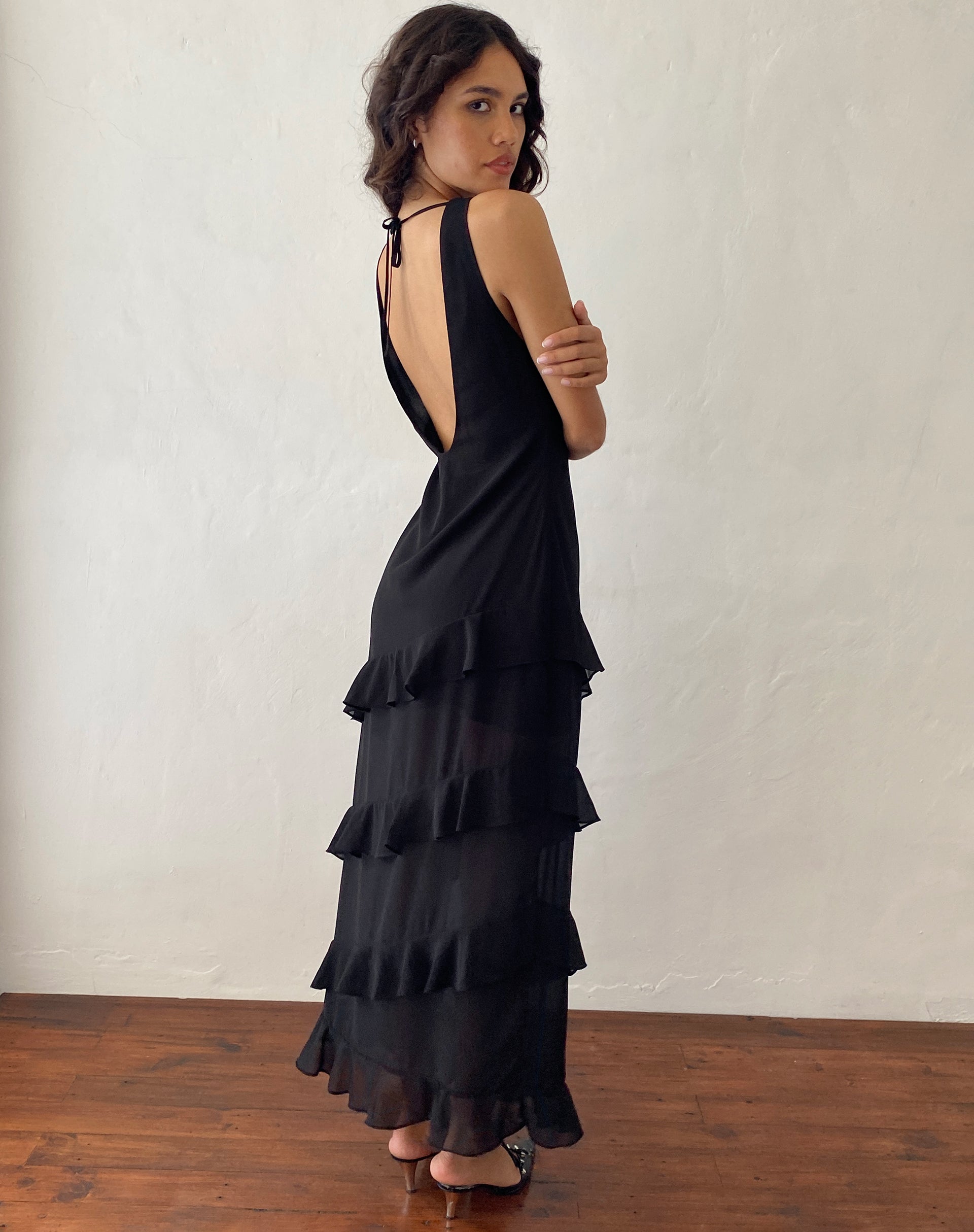 Jovani Dress 38137 | Black ruffle skirt with slit gown 38137