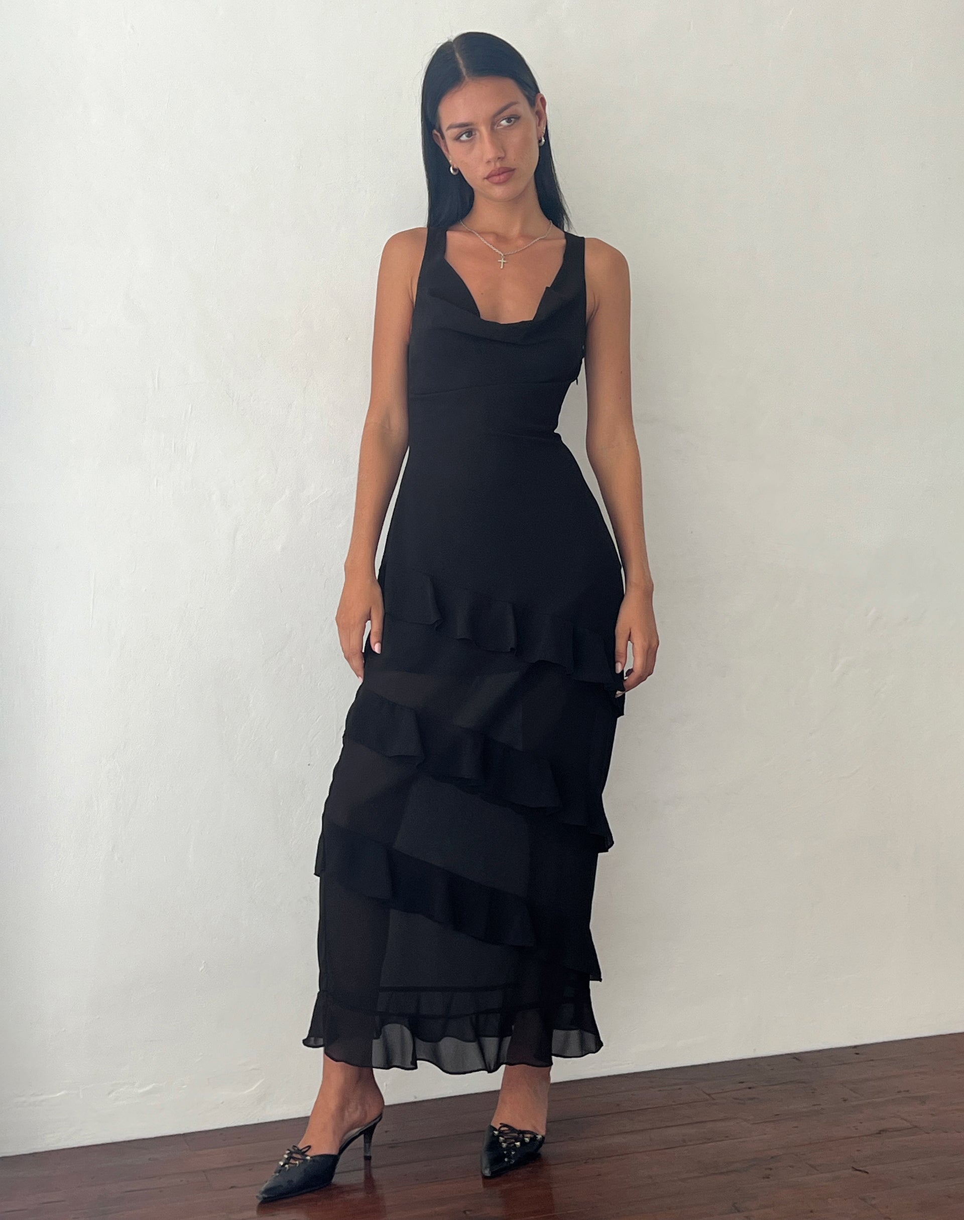 Long black 2025 ruffle dress