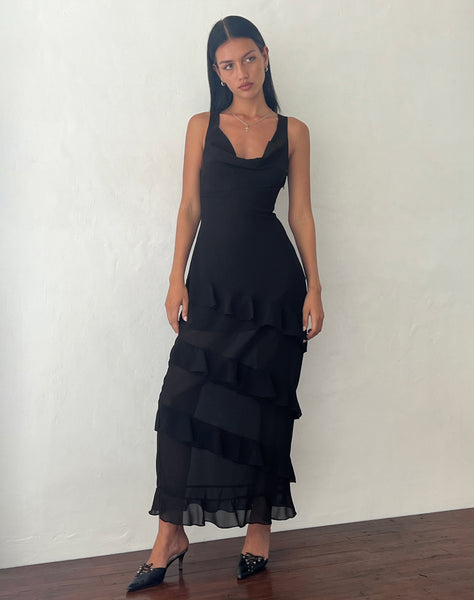 Black Ruffle Detail Maxi Dress Otna motelrocks