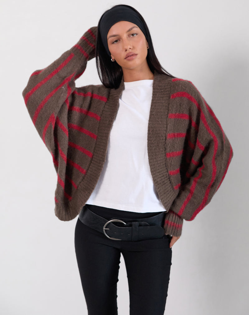 Pasha Shrug Cardigan in Red and Brown Stripe