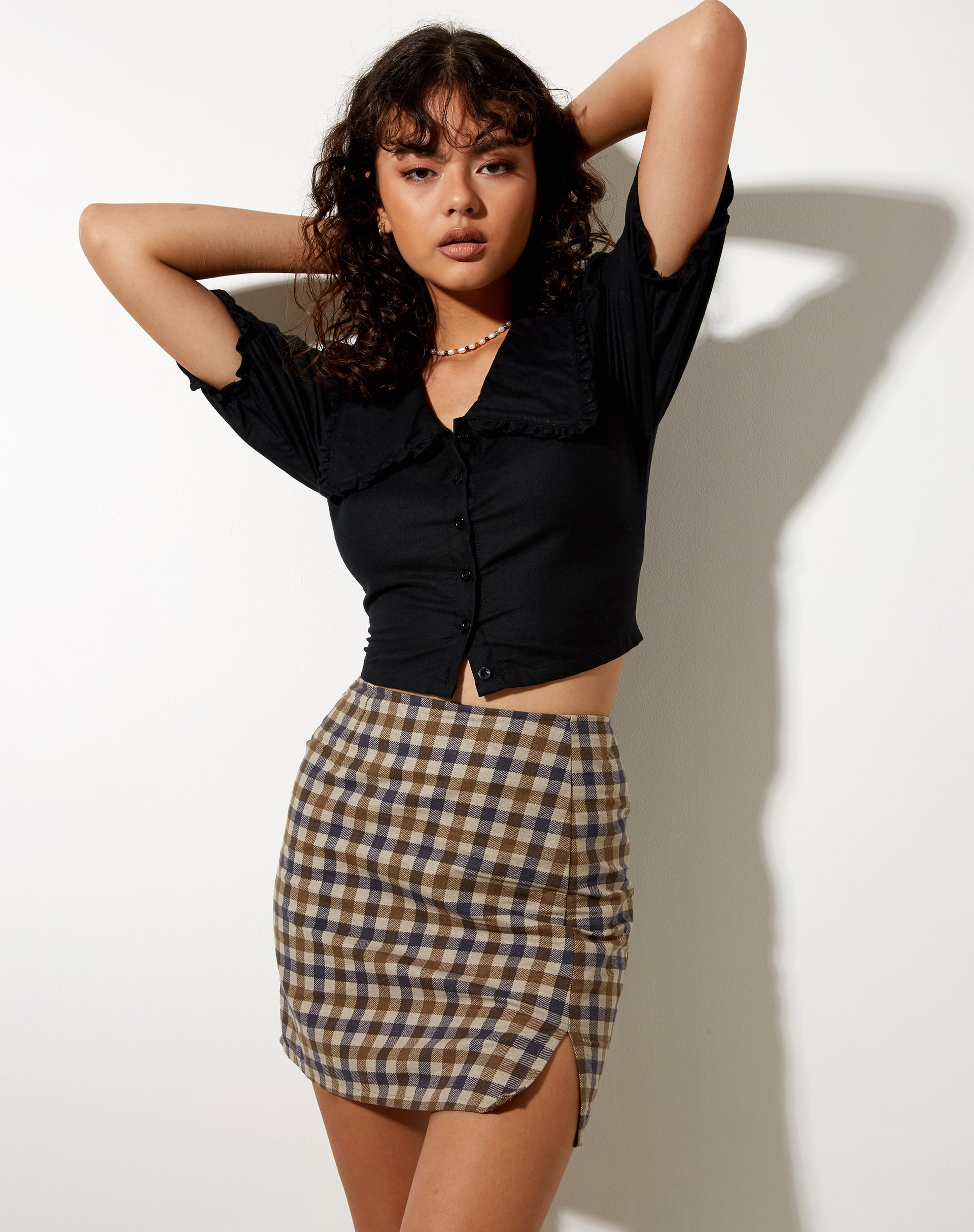 Tan black and outlet white plaid skirt