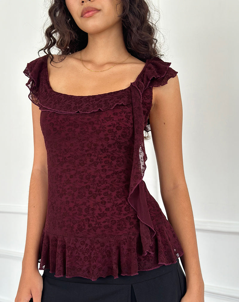 Image of Piroli Top in Ditsy Floral Flock Burnt Maroon