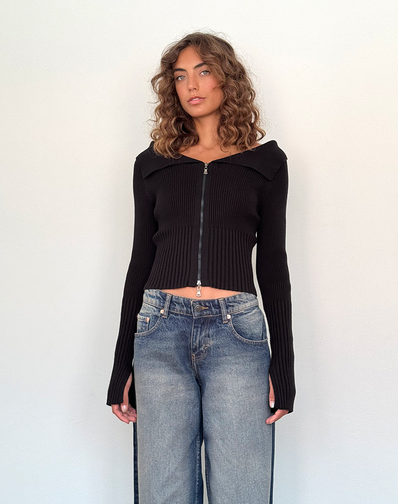 Black Long Sleeve Off Shoulder Zip Through Jumper Radia