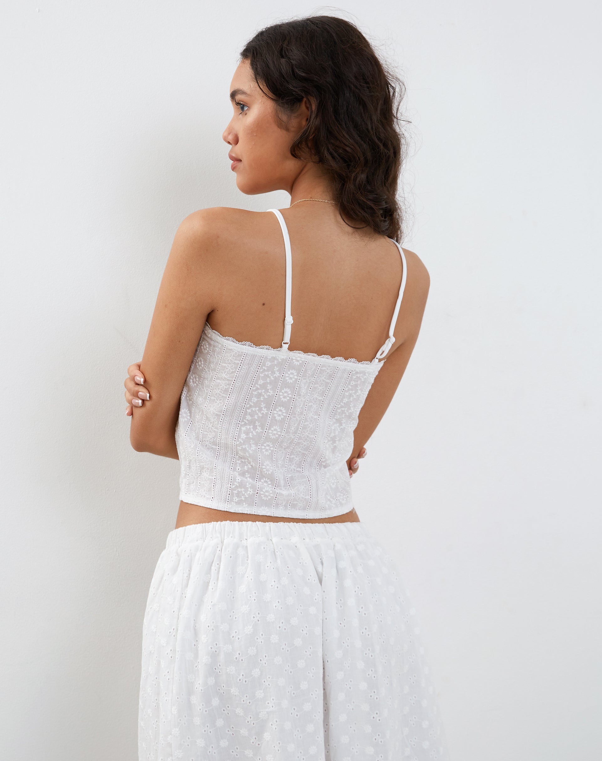 Ramika Tie Front Embroidered Cami Top in White Broderie
