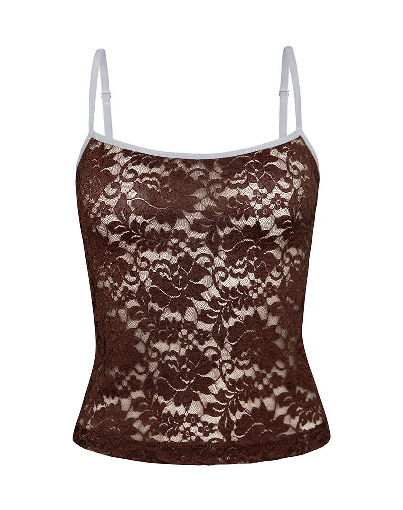 Image of Redum Cami Top in Chocolate Lace with Blue Binding