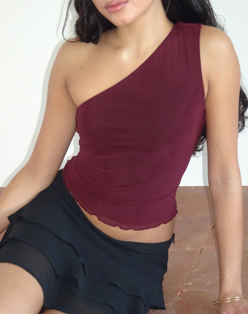 Image of Rhian One Shoulder Top in Mesh Maroon