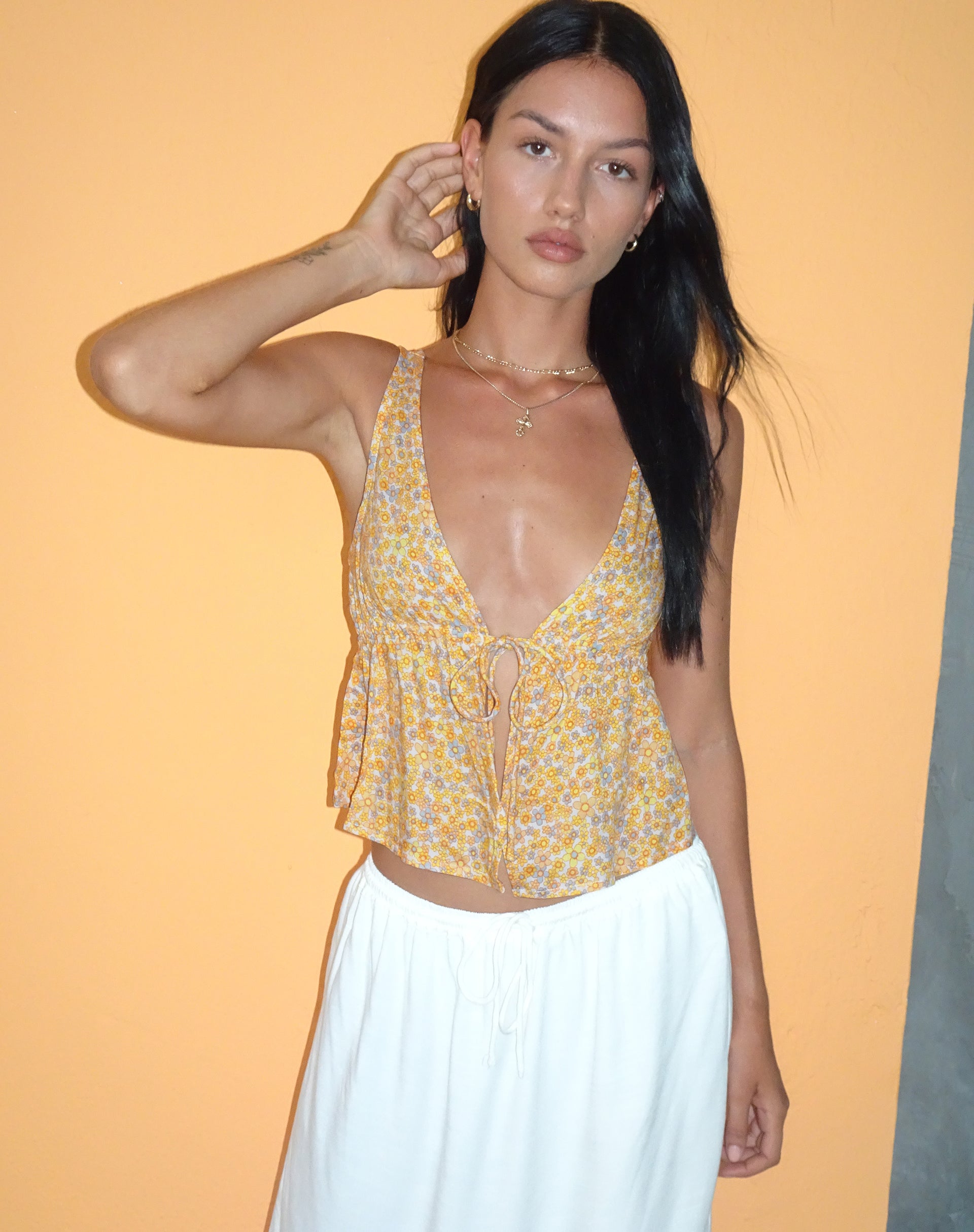 Yellow floral hot sale tie front top