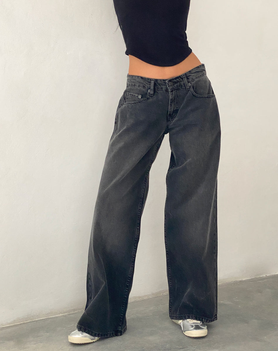 Washed Black Grey Extra Wide Low Rise Jeans | Roomy – motelrocks.com