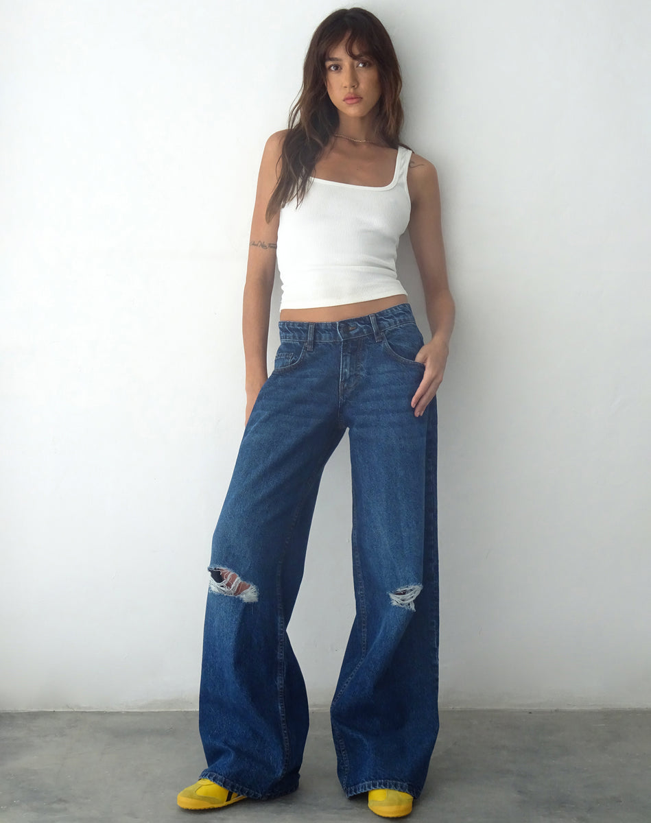 Mid Blue Used Ripped Jeans | Roomy – motelrocks.com