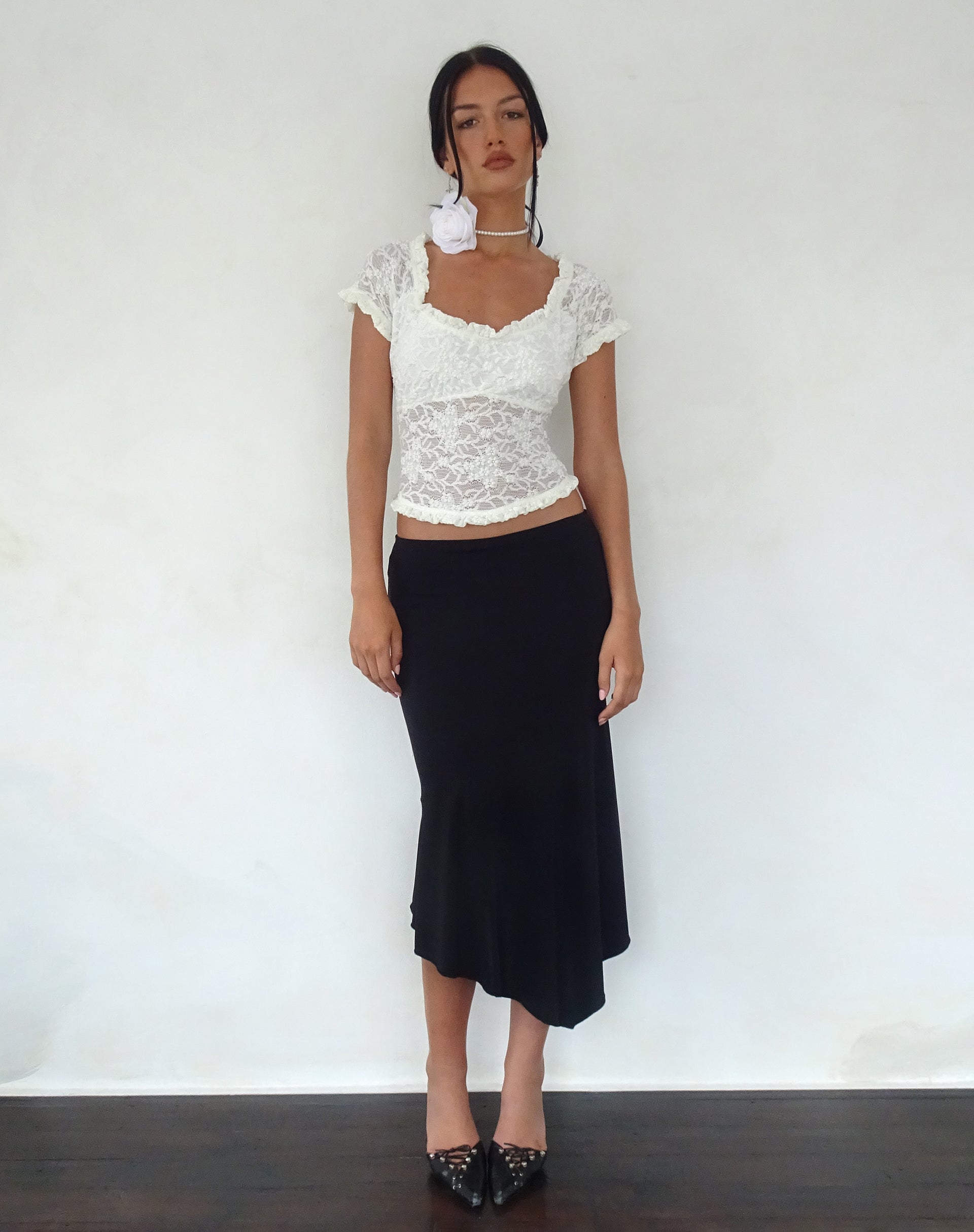 Black lace hotsell top white skirt