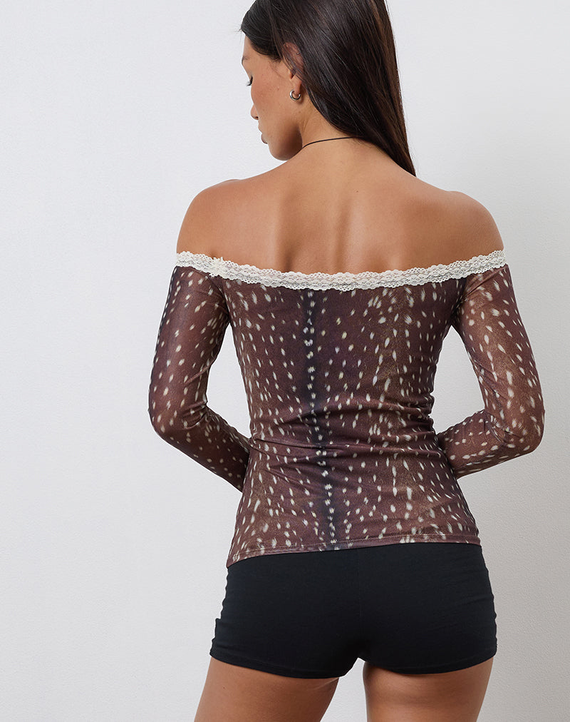 Image of Rusaka Bardot Top in Mesh Deer Print Brown