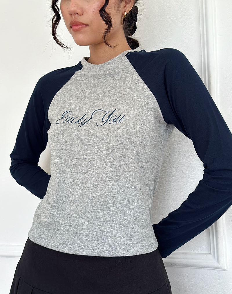 Image of Sabani Top in Grey Marl Navy with Lucky You Print