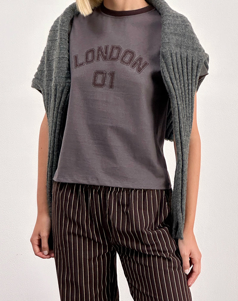 Sakha Boxy Tee in Dark Grey with London Print and Brown Binding