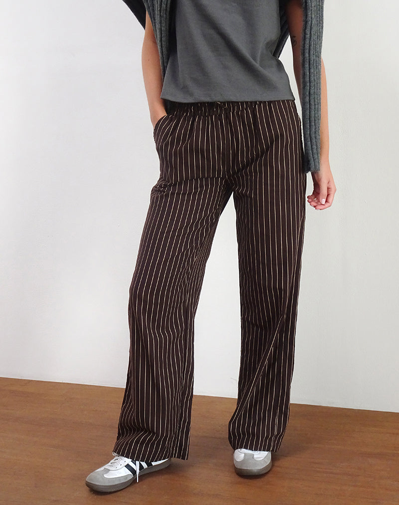 Wasic Wide Leg Linen Trousers in Deep Mahogany Pencil Stripe