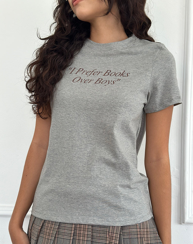 Saki Tee in Grey Marl with I Prefer Books Over Boys Slogan